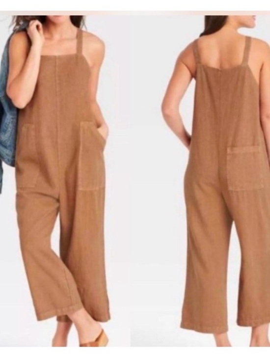 Universal Thread Pants - Universal Thread Cotton-Look Tan Wide-Leg Jumpsuit